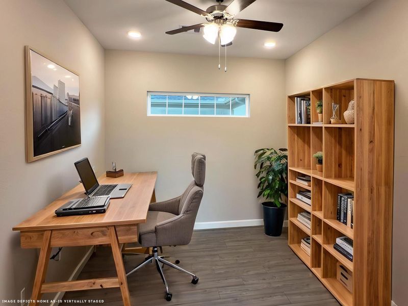 The Portico's flex room provides a versatile space that can be customized to suit your lifestyle, whether as a home office, craft room, or additional living area. *Image depicts home as-is virtually staged.