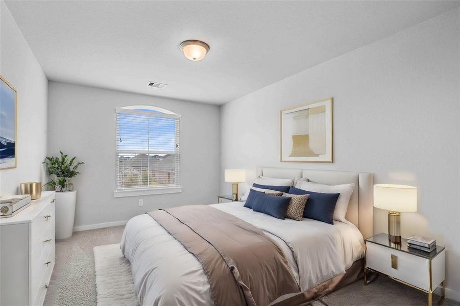 Secondary bedroom features plush carpet, neutral paint, lighting and a large window with privacy blinds.