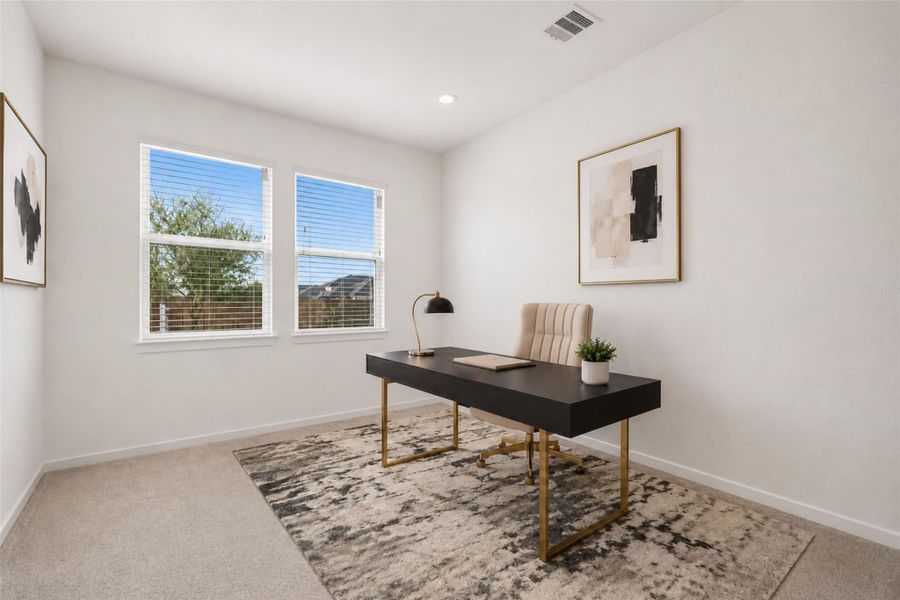 Dedicated study/home office with carpet flooring, natural light, and flexible space for work or everyday use.Virtually staged to illustrate room scale and furnishing possibilities.
