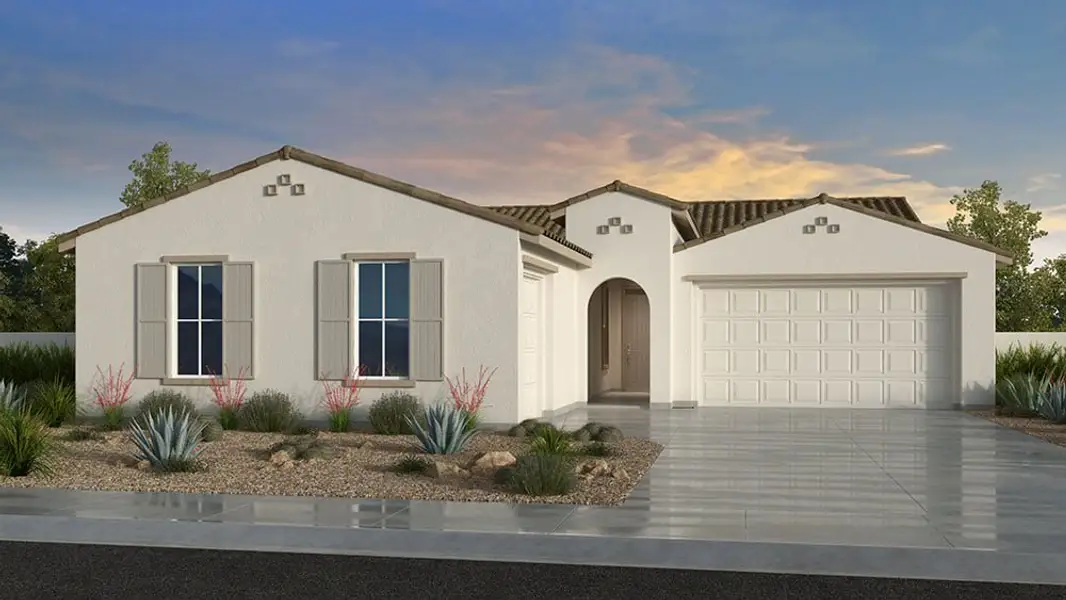 Front exterior of a new home in Artisan at Asante, Surprise, AZ, highlighting curb appeal (Image 1). Front exterior of a new home in Artisan at Asante, Surprise, AZ, highlighting curb appeal (Image 1).