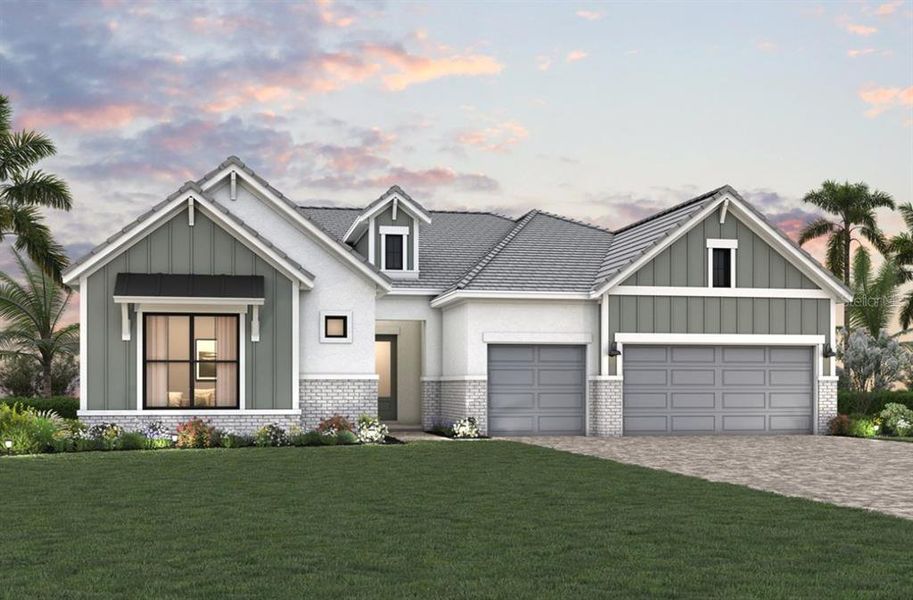 Front exterior of a new home in Palmera Wellen Park – Executive Series, Venice, FL, highlighting curb appeal (Image 1). Front exterior of a new home in Palmera Wellen Park – Executive Series, Venice, FL, highlighting curb appeal (Image 1).