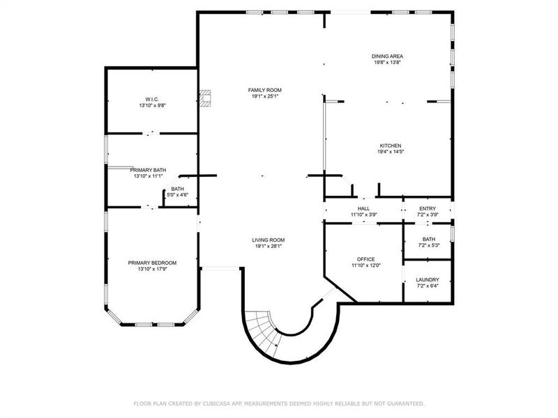 This floor plan features a spacious layout with a primary bedroom and en-suite bath, a large family room, and a dining area adjacent to the kitchen. It also includes an office, laundry room, and an additional bath. The entryway leads into a sizable living room, providing a welcoming space.