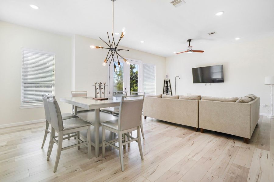 Second story opens up to the dining area and cozy living room.