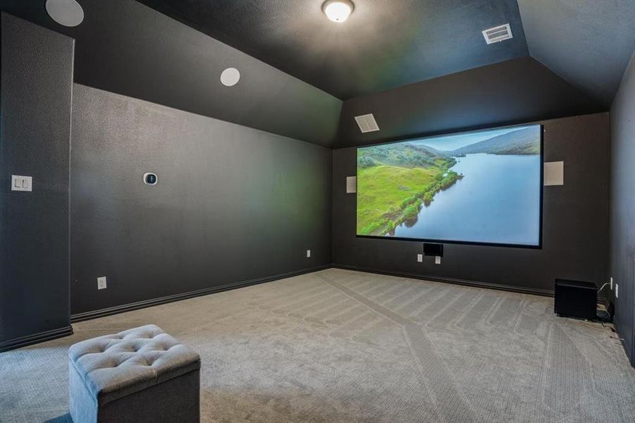 Home theater room featuring light carpet and lofted ceiling