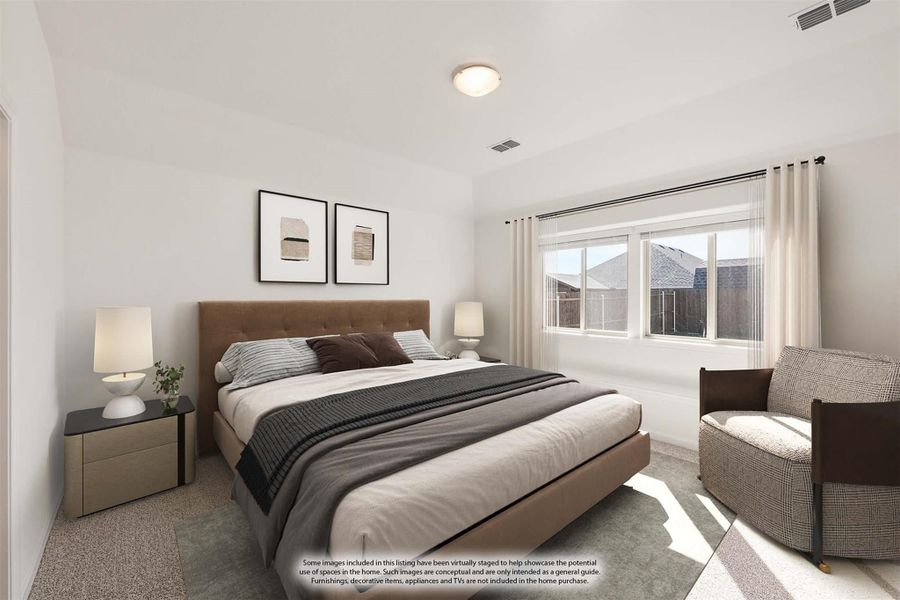 Bedroom with tan upholstered bed, carpet flooring, large window with curtains, and neutral walls
