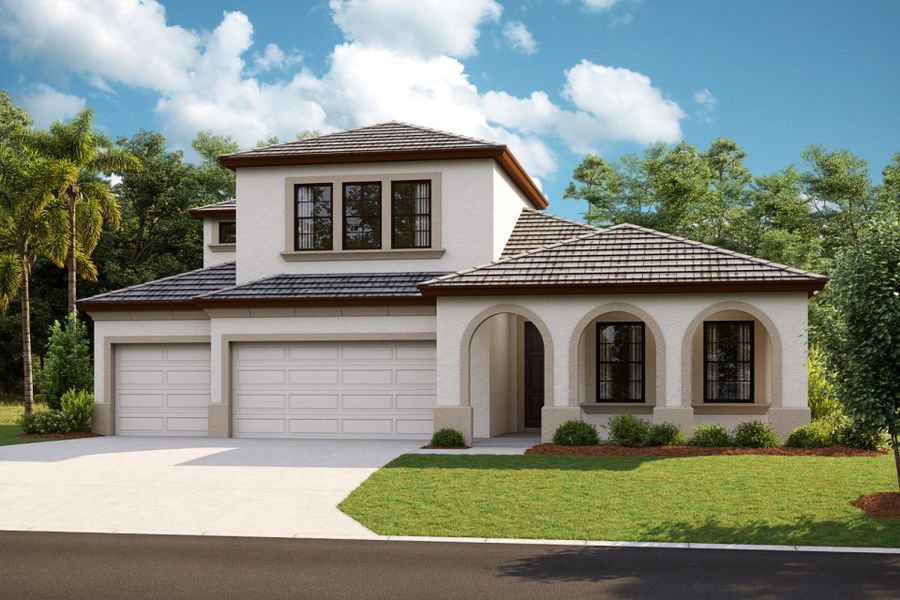 Representative exterior photo of a completed home built from the Hyde Park IV by Homes by WestBay in Pasadena Ridge, Pasadena Hills, FL (Image 1).