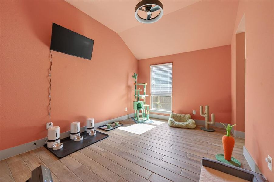 Workout area with light wood-style floors, vaulted ceiling, and a ceiling fan Workout area with light wood-style floors, vaulted ceiling, and a ceiling fan