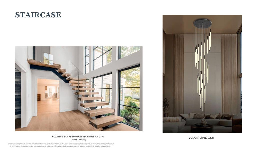 Floating open-riser Staircase with Glass Panel Railing and a striking Chandelier- a true centerpiece for the home.