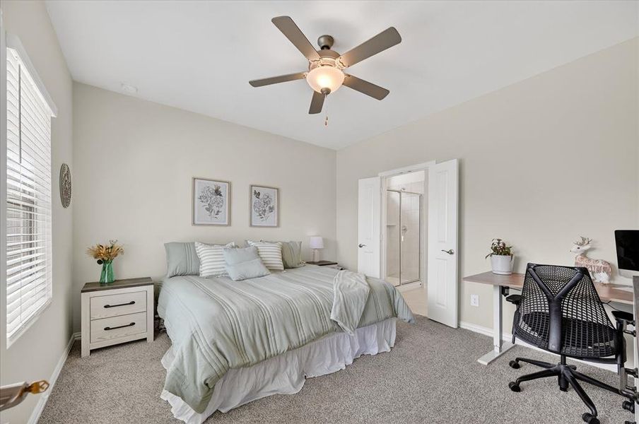 Carpeted bedroom featuring a desk, ceiling fan, and ensuite bathroom