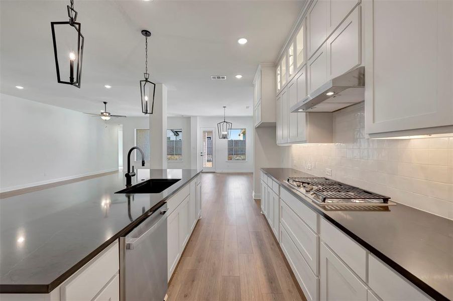 Kitchen with white cabinets, light wood-style flooring, stainless steel appliances, glass insert cabinets, and a large island