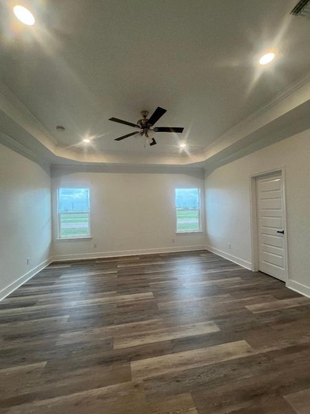 This room features a spacious layout with medium gray/wood water proof plank flooring, a tray ceiling with recessed lighting, and a central ceiling fan. It includes two windows for natural light and a single door, creating an inviting and airy atmosphere.