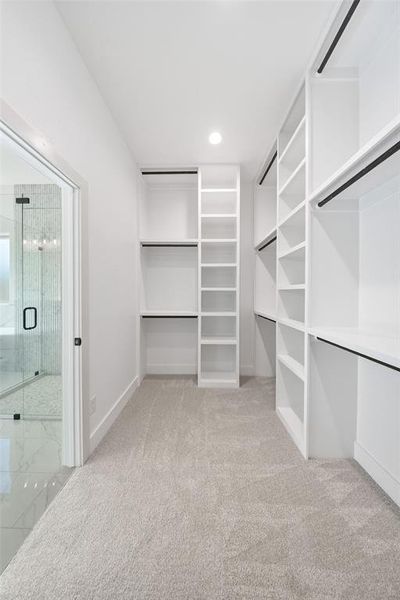 Walk in closet with light carpet