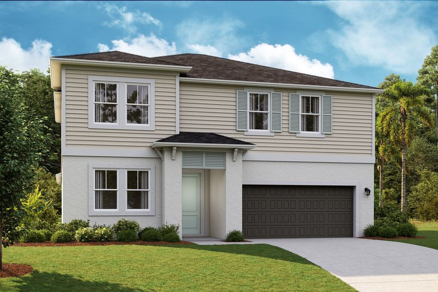 Front exterior of a new home in Hawkstone, Riverview, FL, highlighting curb appeal (Image 1).