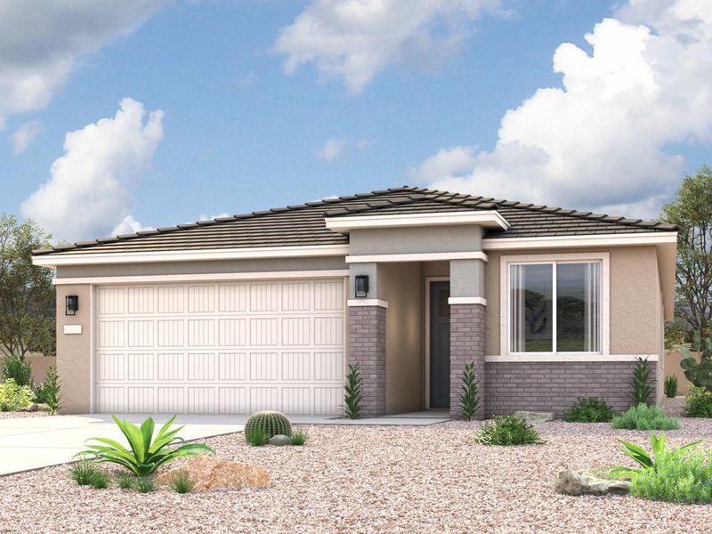 Rendering of front of new home for sale in San Tan, AZ with 2 car garage in the beautiful Skyline Village community with pool.