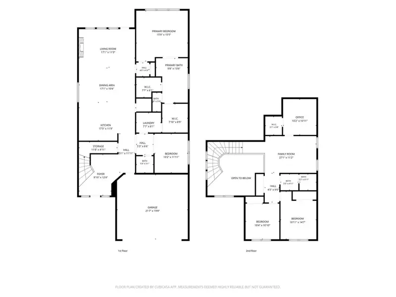 This is a two-story floor plan featuring a primary bedroom and bath on the main floor, along with a living room, dining area, kitchen, and laundry. The second floor includes a family room, office, and two additional bedrooms. The layout also includes a spacious garage and several walk-in closets. This is a two-story floor plan featuring a primary bedroom and bath on the main floor, along with a living room, dining area, kitchen, and laundry. The second floor includes a family room, office, and two additional bedrooms. The layout also includes a spacious garage and several walk-in closets.