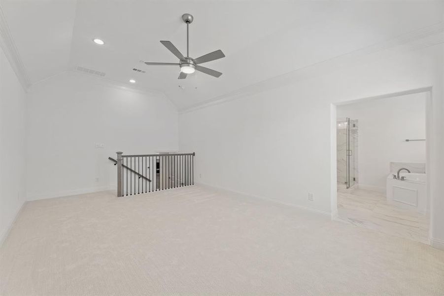 Carpeted empty room featuring ornamental molding, vaulted ceiling, and ceiling fan