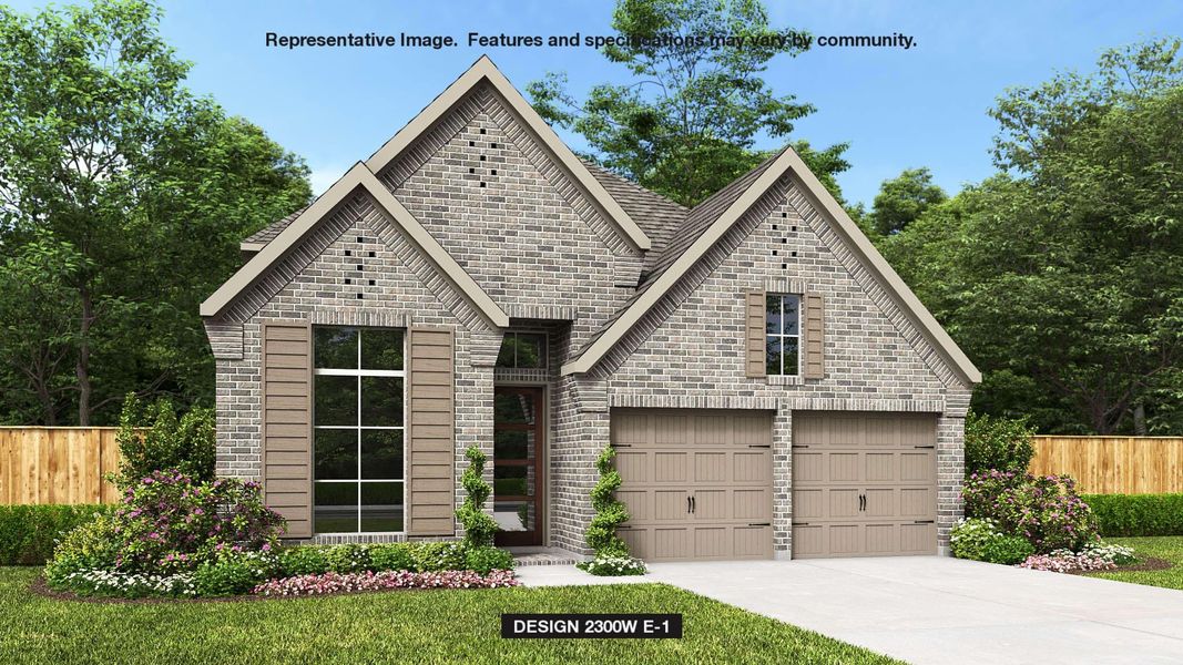 French country inspired facade with driveway, fence, and brick siding