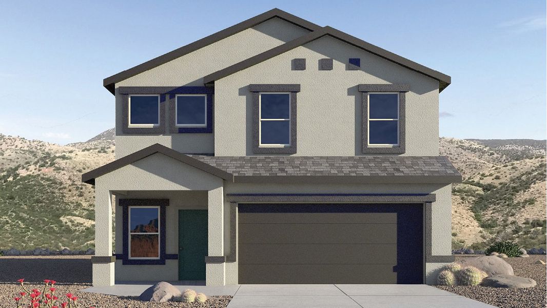 Front exterior of a new home in Saguaro Bloom, Marana, AZ, highlighting curb appeal (Image 1). Front exterior of a new home in Saguaro Bloom, Marana, AZ, highlighting curb appeal (Image 1).