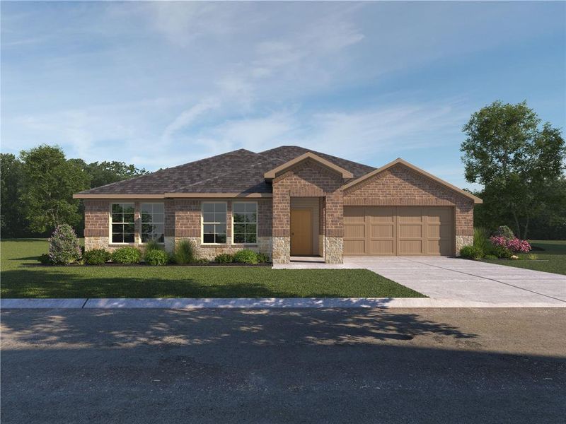 Ranch-style home with stone siding, a garage, concrete driveway, a front yard, and brick siding Ranch-style home with stone siding, a garage, concrete driveway, a front yard, and brick siding