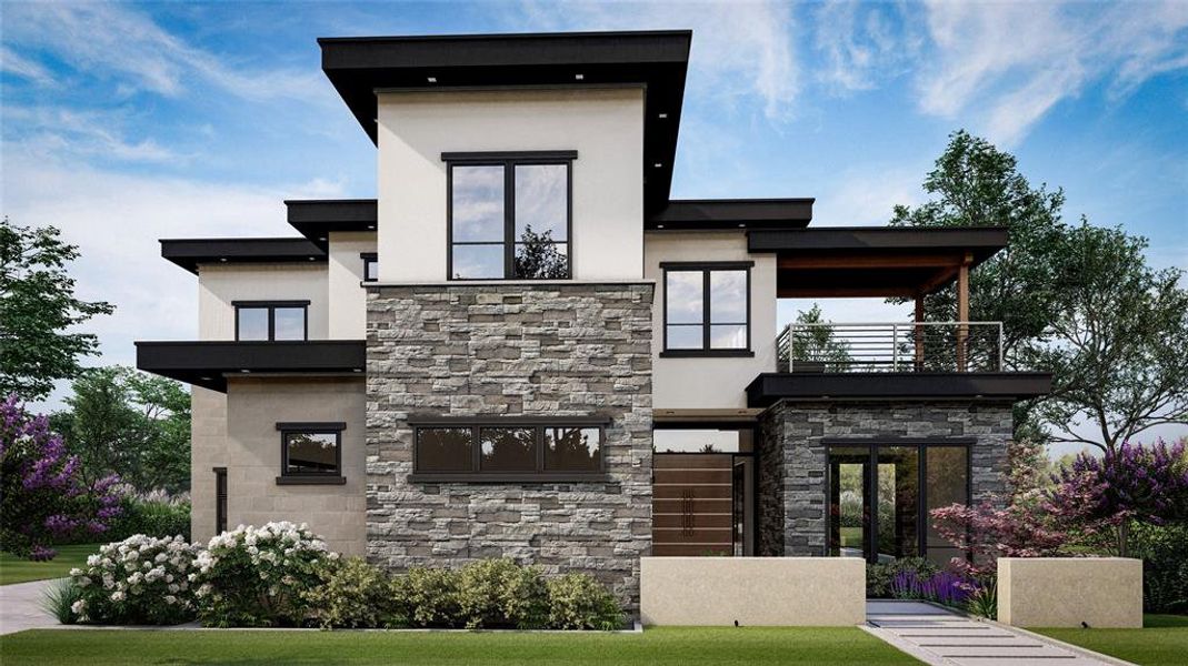 View of front of home featuring a front yard and a balcony