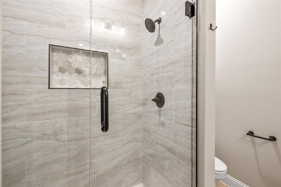 Beautiful shower in guest bathroom. Beautiful shower in guest bathroom.