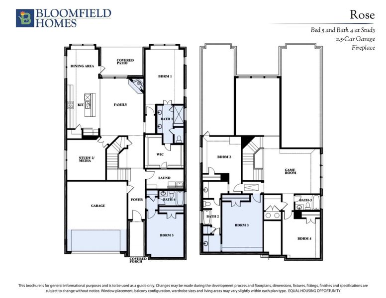Bloomfield Homes "Rose" floor plan with 5 bedrooms, 4 bathrooms, study, game room, and 2.5-car garage shown across two levels.