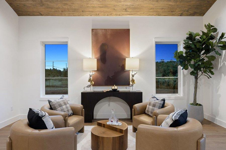 A warm, intimate living space offers comfort and style with rustic wood ceiling accents and large windows framing the natural surroundings.