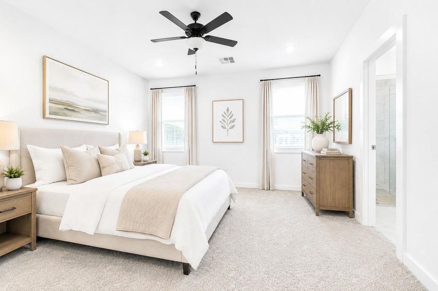 Spacious primary suite on the first floor with an en-suite bathroom that will feel like a retreat. Virtually Staged Spacious primary suite on the first floor with an en-suite bathroom that will feel like a retreat. Virtually Staged