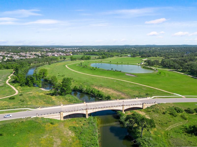 Aerial view ofbridge over Onion Creek leading to Crosswater Lane
