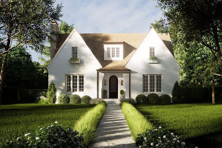 Tudor home featuring a front yard and a chimney Tudor home featuring a front yard and a chimney