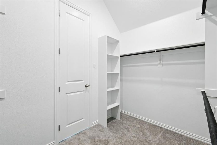 Walk in closet featuring light carpet and lofted ceiling Walk in closet featuring light carpet and lofted ceiling