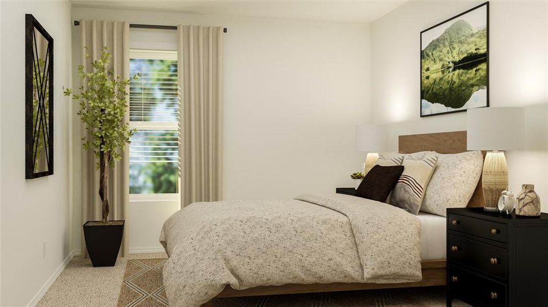 Carpeted bedroom with multiple windows