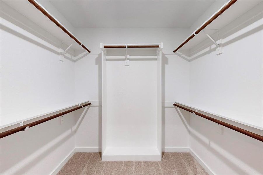 main Walk in closet featuring light carpet