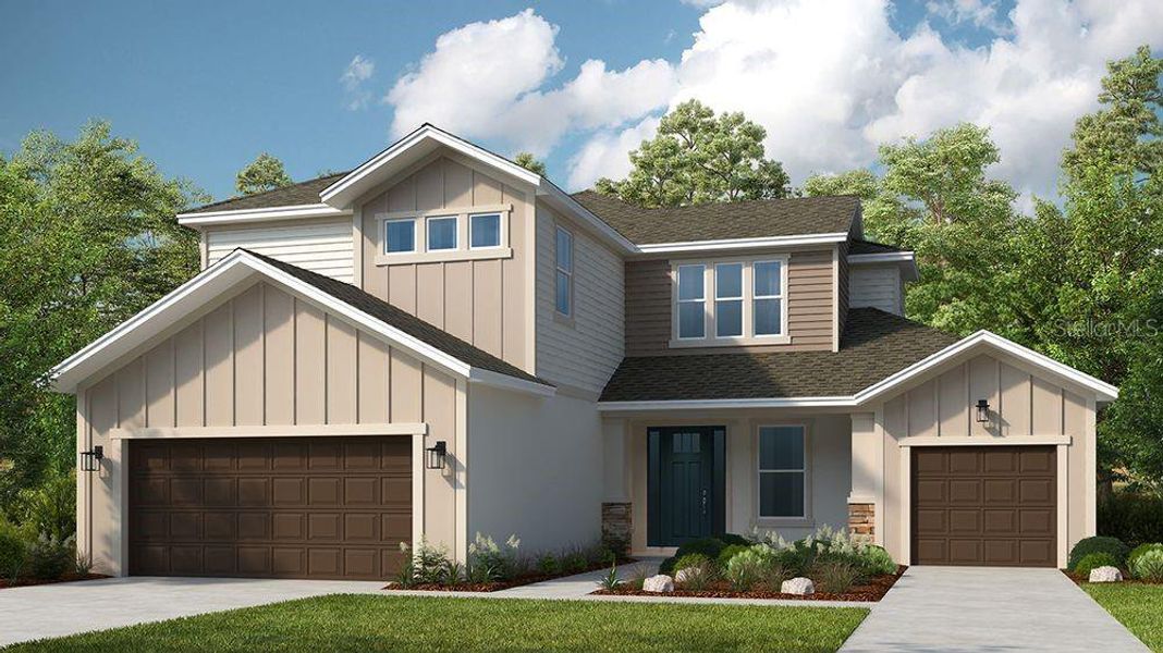 Front exterior of a new home in Firethorn, Parrish, FL, highlighting curb appeal (Image 28).