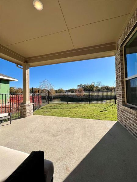 View of patio from back door onlooking the pond from your upgraded lot with a metal fence to not obscure your view.