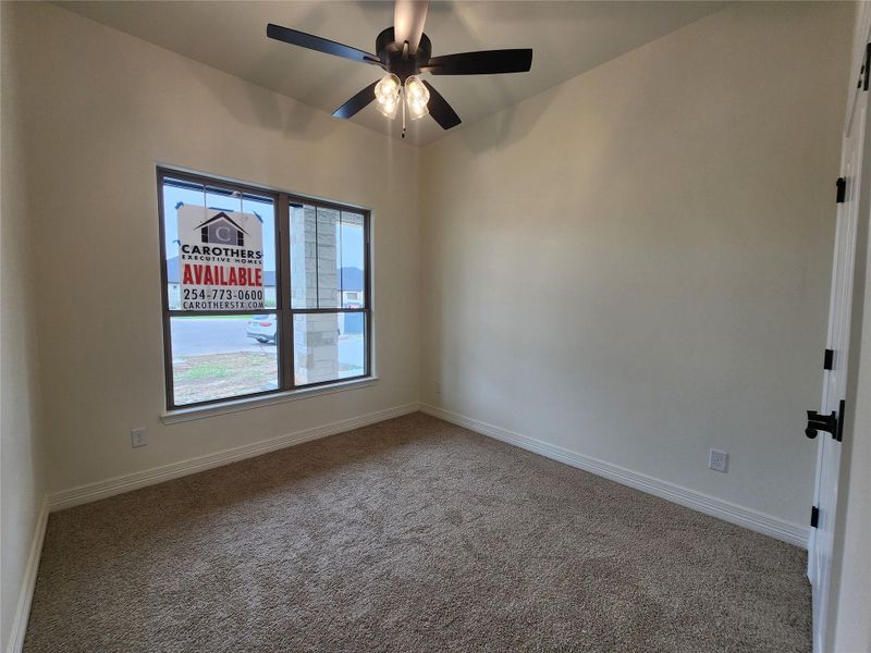 Carpeted room featuring a ceiling fan with integrated lighting, a large window, and white trim