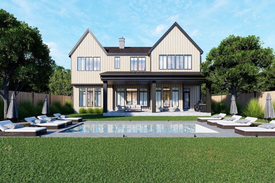 Artists Rendering of the Back Exterior of the Home.  Selections are subject to change anytime during construction.  Pool in the rendering not included with the price of the home.