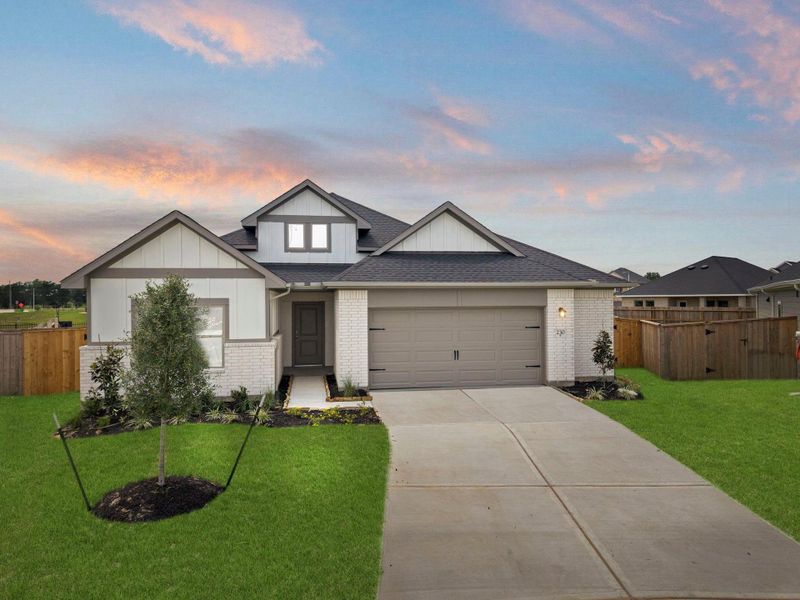 Front exterior of a new home in Laurel Landing, Alvin, TX, highlighting curb appeal (Image 1). Front exterior of a new home in Laurel Landing, Alvin, TX, highlighting curb appeal (Image 1).