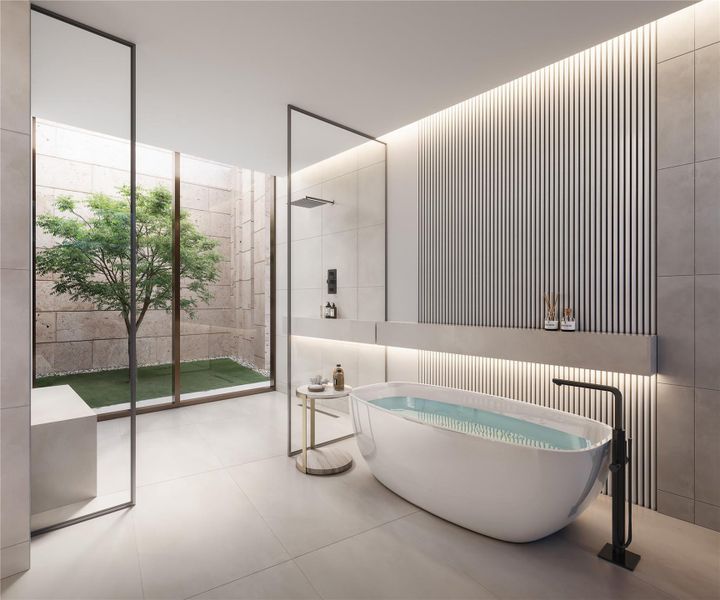 Rendering of one of the spa-inspired primary bathrooms