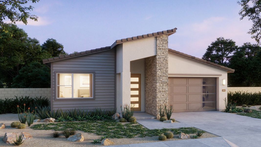 Representative exterior photo of a completed home built from the 4001 by Risewell Homes in Teravalis, Buckeye, AZ (Image 2). Representative exterior photo of a completed home built from the 4001 by Risewell Homes in Teravalis, Buckeye, AZ (Image 2).