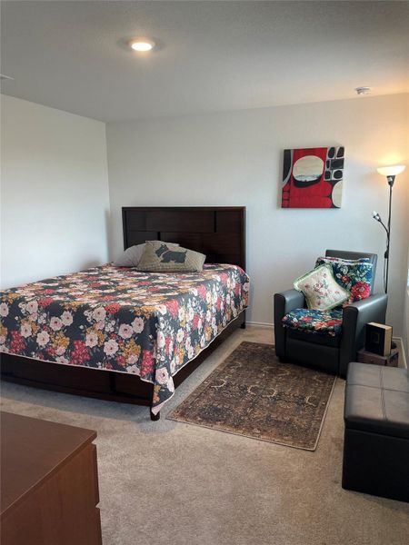 Carpeted bedroom with recessed lighting