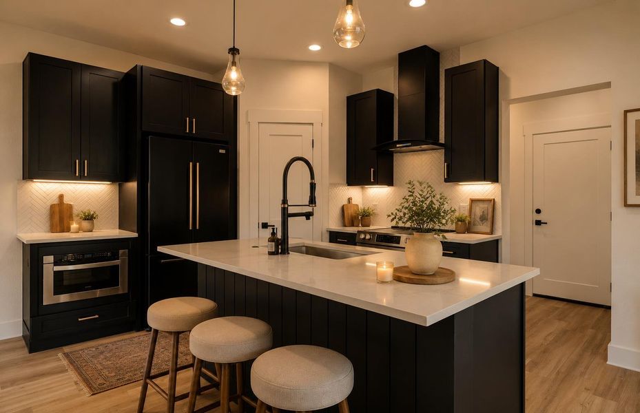 *Virtually staged. An inviting kitchen with sleek black cabinetry, bright white countertops, and warm lighting throughout. *Virtually staged. An inviting kitchen with sleek black cabinetry, bright white countertops, and warm lighting throughout.