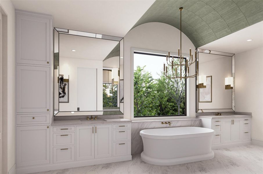 This luxe bath features dramatic architectural framing and a calming neutral palette. Centered around a sculptural soaking tub beneath a tall arched window, the space also showcases dual vanities with custom mirrors and modern lighting. Thoughtful layering of textures brings visual harmony and grace.