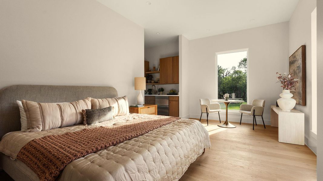 Hardwood floors and generous windows elevate this primary bedroom to a serene sanctuary. Hardwood floors and generous windows elevate this primary bedroom to a serene sanctuary.