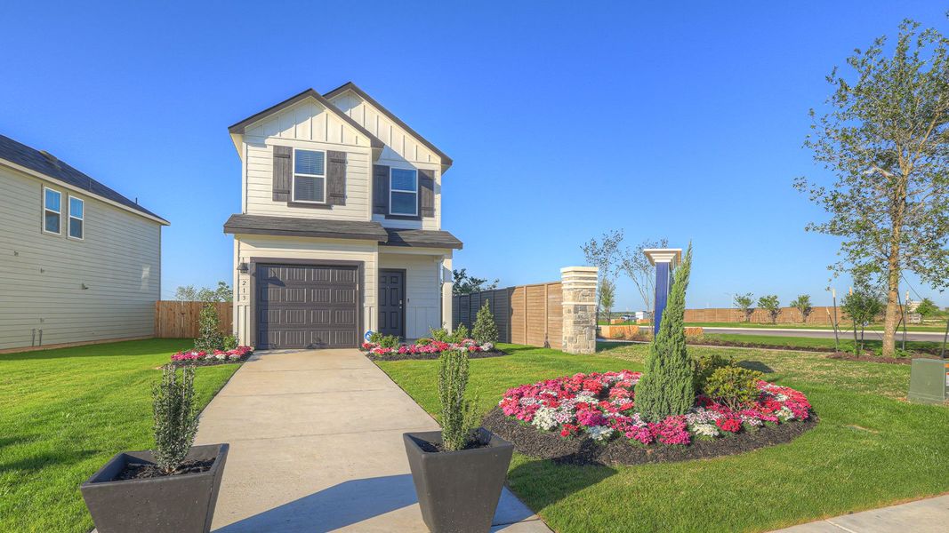 Representative exterior photo of a completed home built from the The Linnet by D.R. Horton in Bollinger, Maxwell, TX (Image 1).