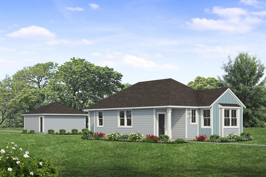 Rendering of one story two-toned blue home with black door and detached garage with sky and landscaping Rendering of one story two-toned blue home with black door and detached garage with sky and landscaping