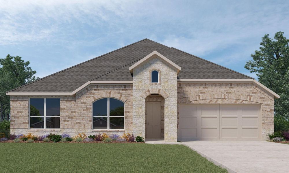 Front exterior of a new home in Silverthorne, Conroe, TX, highlighting curb appeal (Image 1).