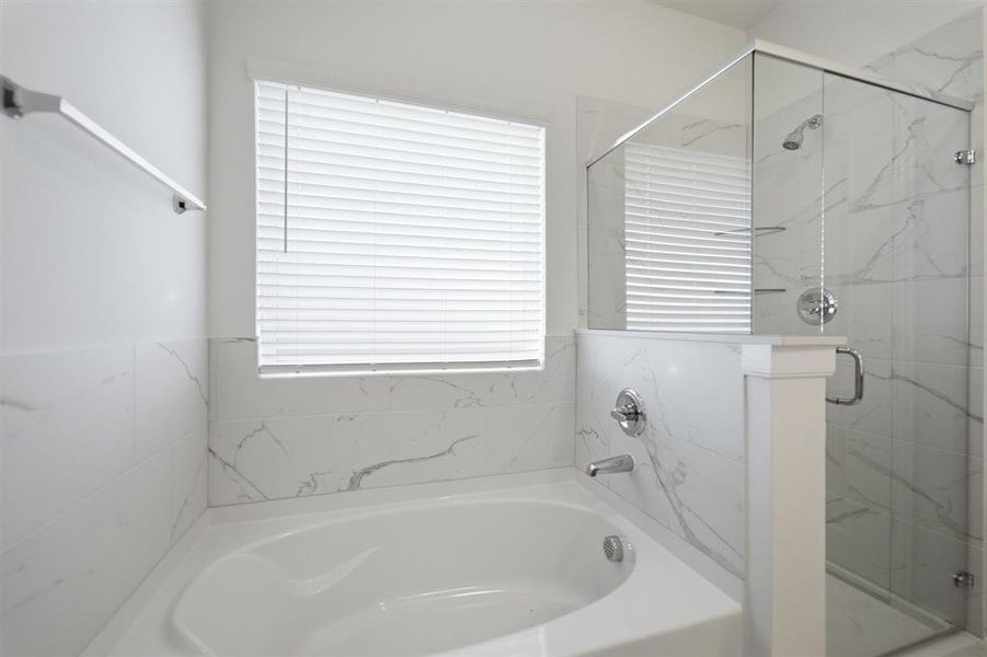 Full bath with a marble finish shower, a garden tub, and plenty of natural light