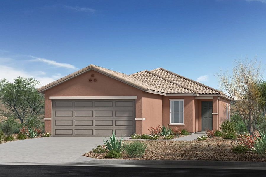 Front exterior of a new home in Vista Del Oro Reserve, Tucson, AZ, highlighting curb appeal (Image 1). Front exterior of a new home in Vista Del Oro Reserve, Tucson, AZ, highlighting curb appeal (Image 1).