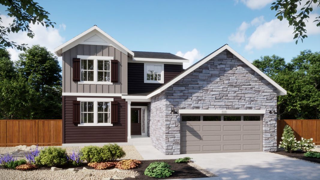 Representative exterior photo of a completed home built from the 4007 by Risewell Homes in Harvest Crossing, Aurora, CO (Image 1). Representative exterior photo of a completed home built from the 4007 by Risewell Homes in Harvest Crossing, Aurora, CO (Image 1).